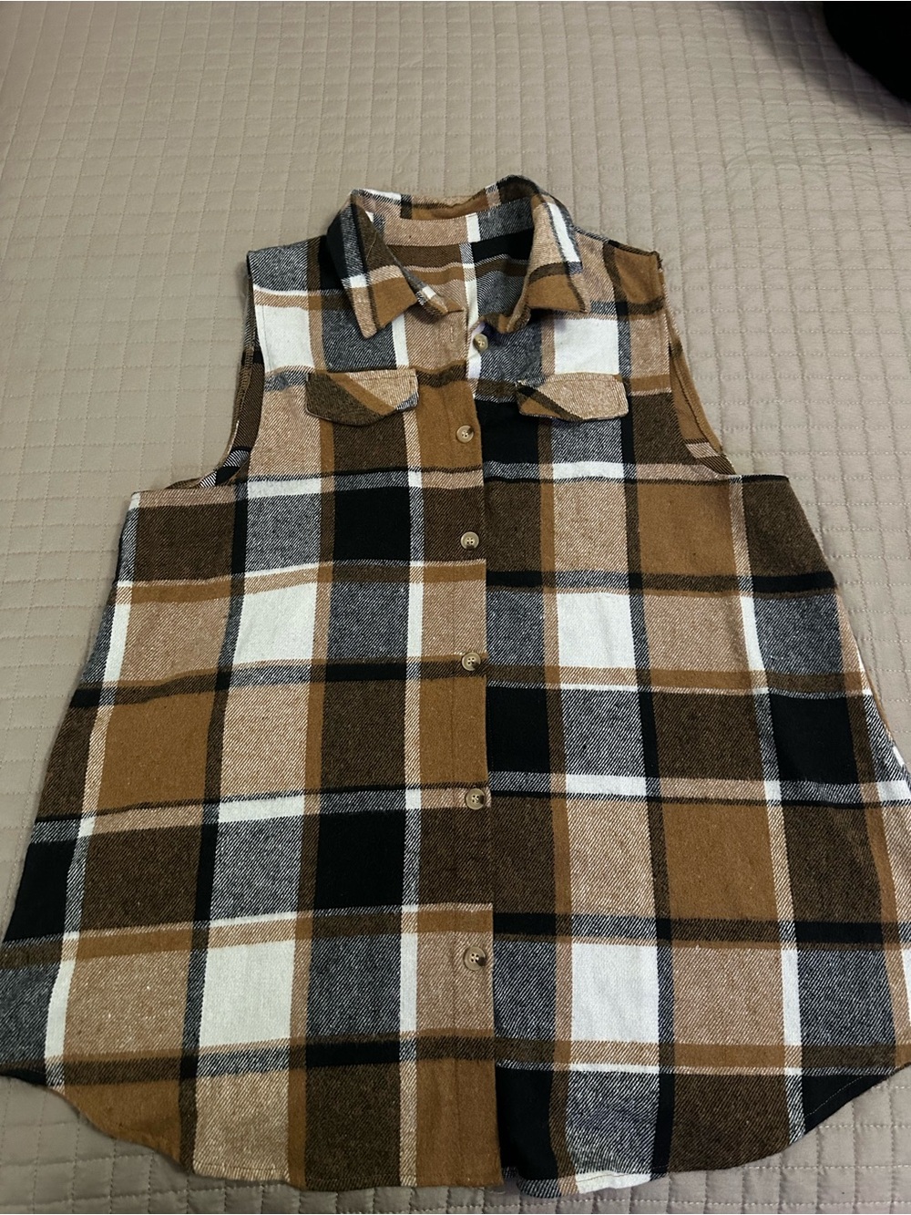 SHEIN Brown Black White Plaid Sleeveless Button-Up Vest